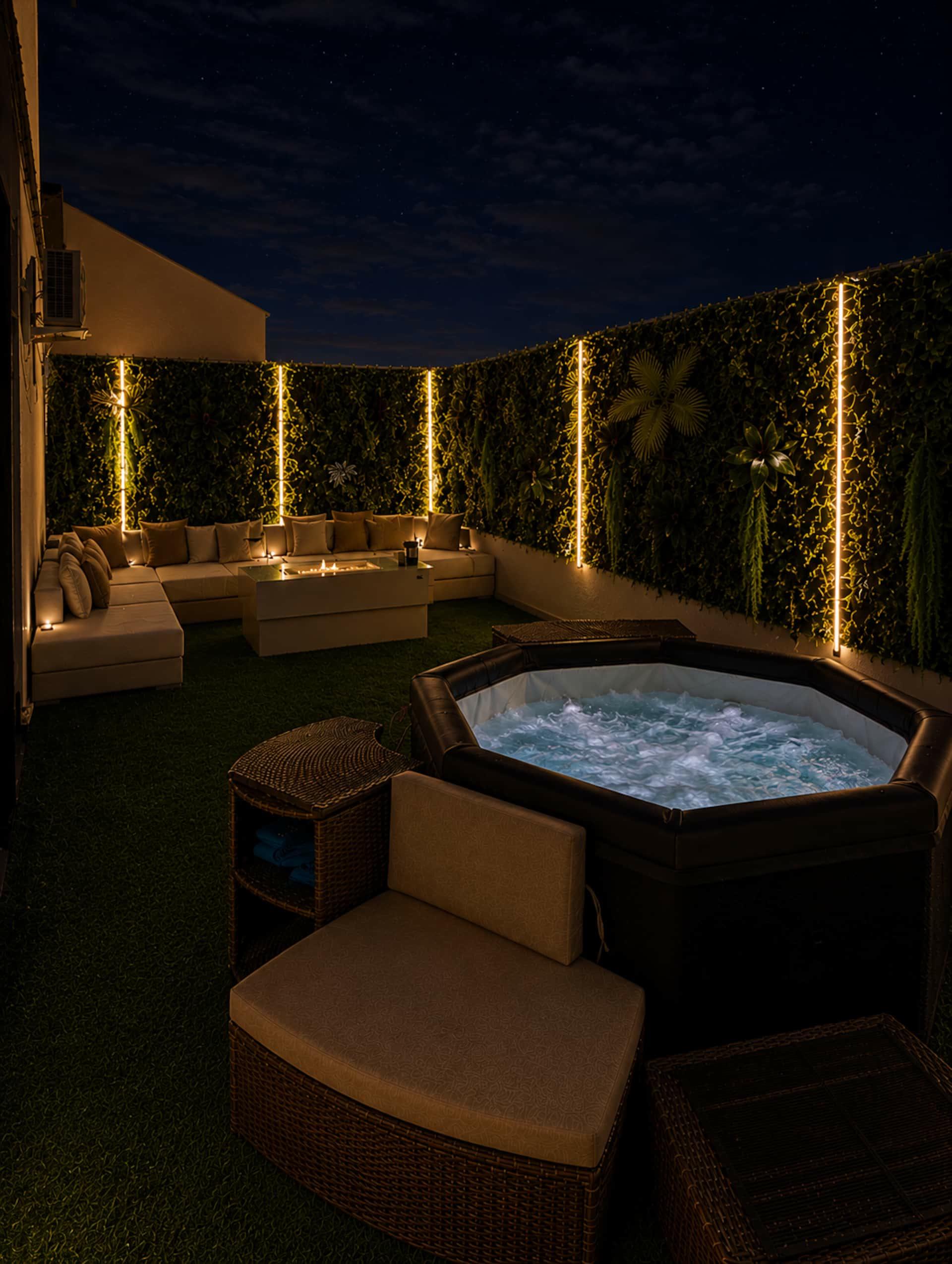 Terraza del Secret Studio de noche: jacuzzi y salón iluminados